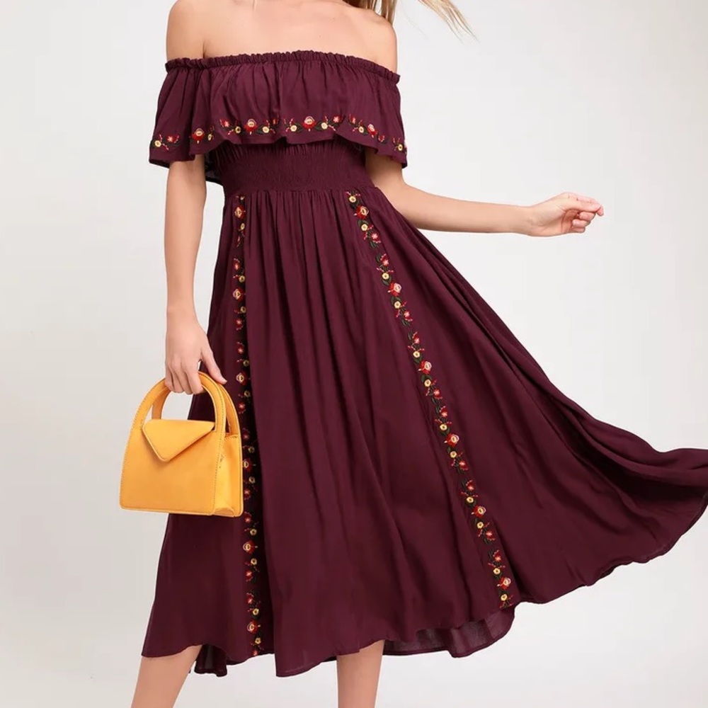 Wynnet Plum Purple Embroidered Off-the-Shoulder Midi Dress